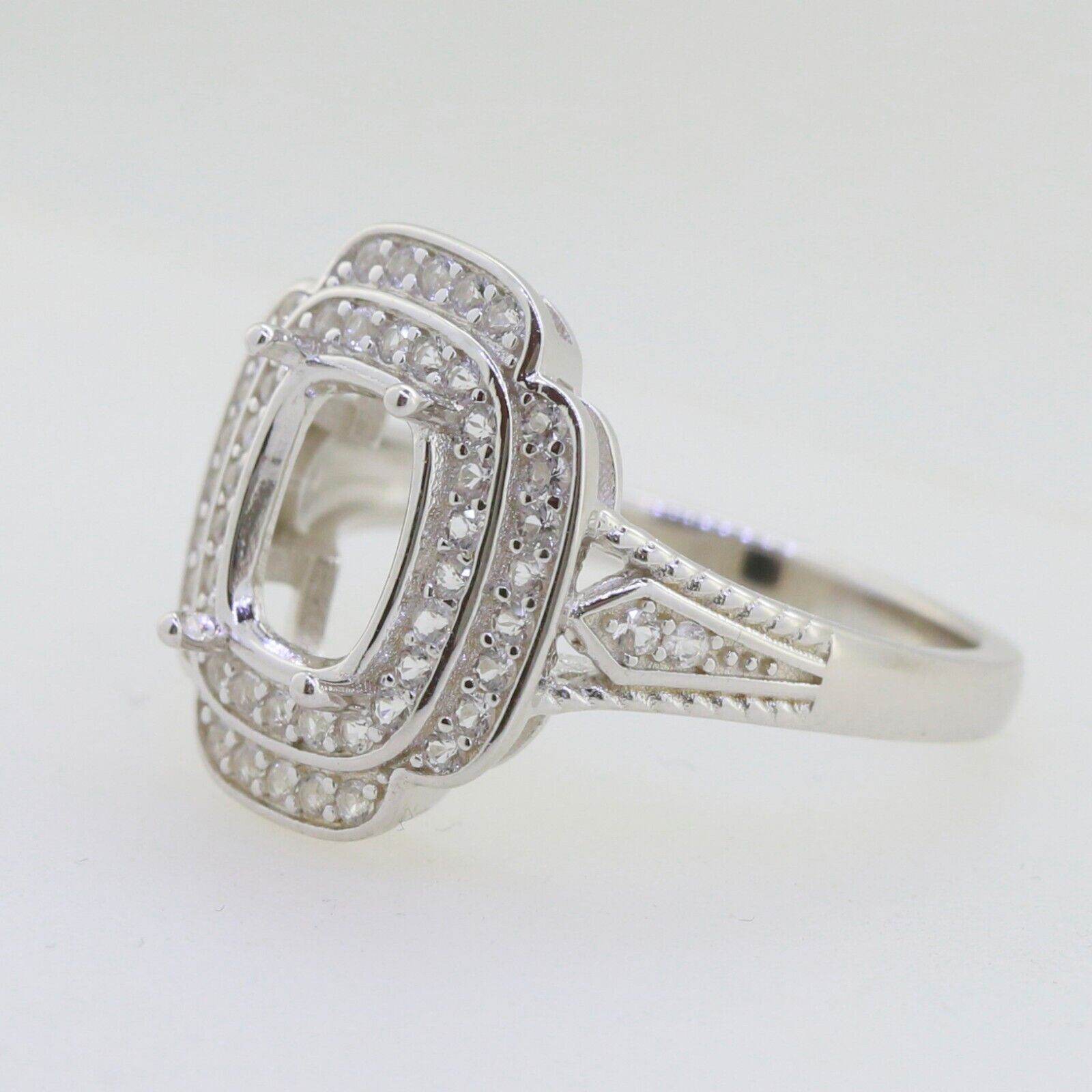 Sterling Silver Semi Mount Ring Setting Cushion CU 8x6mm Double Halo - Syzjewelry