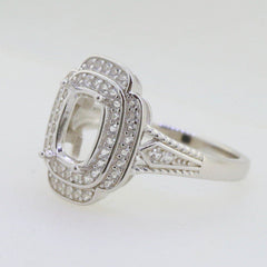Sterling Silver Semi Mount Ring Setting Cushion CU 8x6mm Double Halo - Syzjewelry