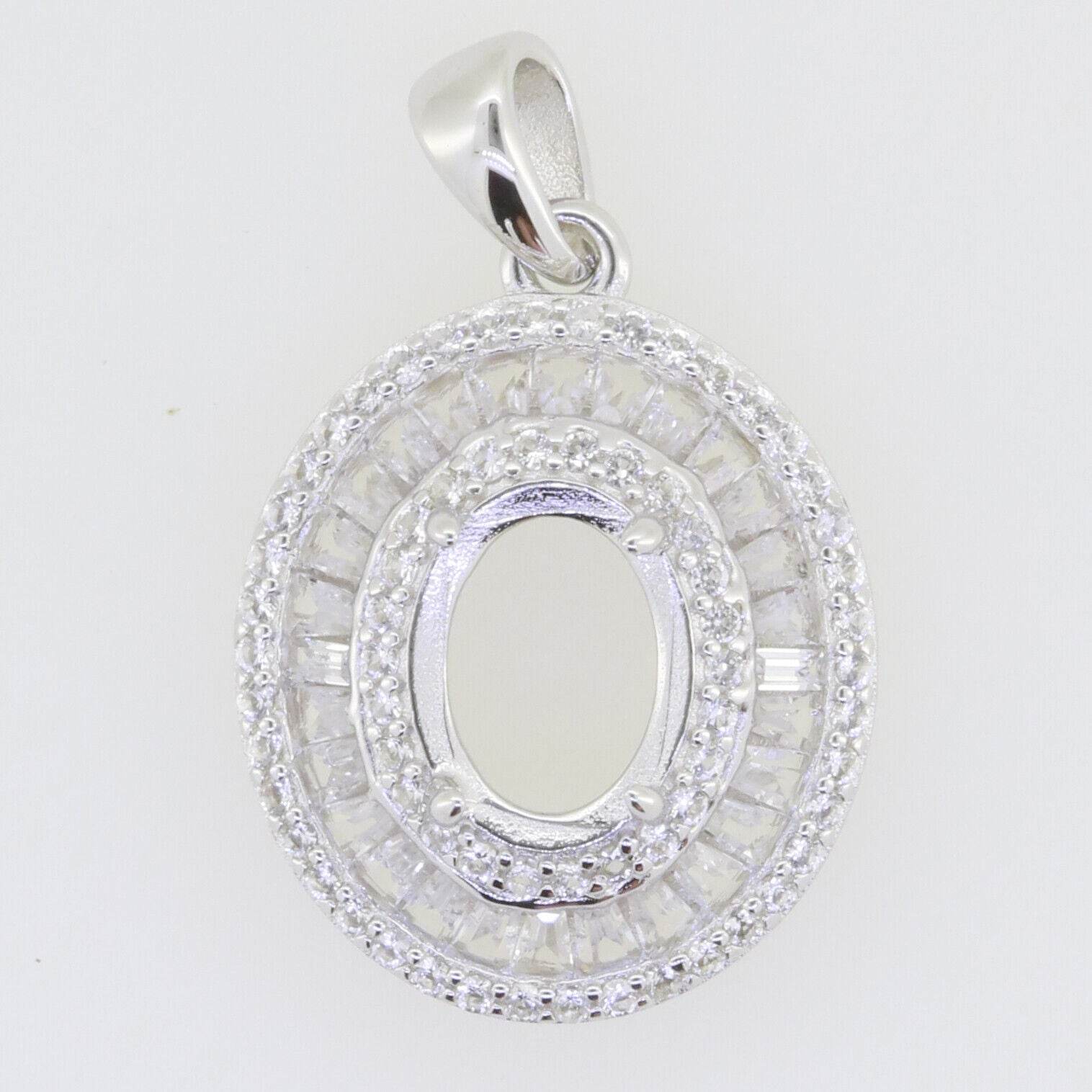 Sterling Silver Semi Mount Pendant Setting Oval OV 9x7mm Baguette Halo - Syzjewelry