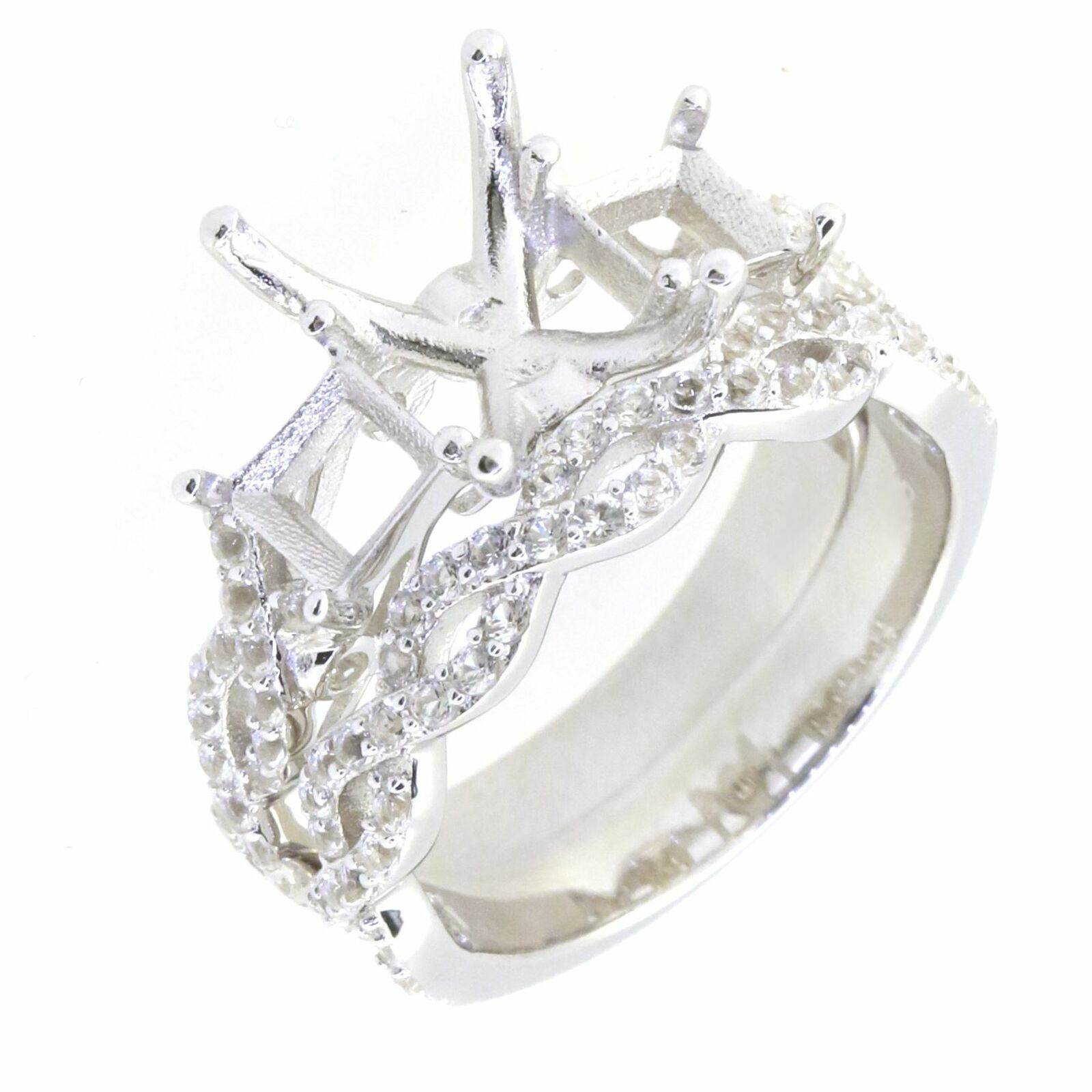 Sterling Silver Semi Mount Ring Setting Emerald OCT 10X8mm SQ5x5 3 Stone - Syzjewelry