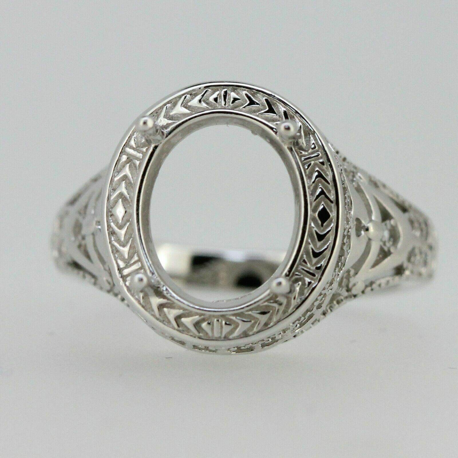 Sterling Silver Semi Mount Ring Setting Oval OV 11x9mm Art Deco Style - Syzjewelry