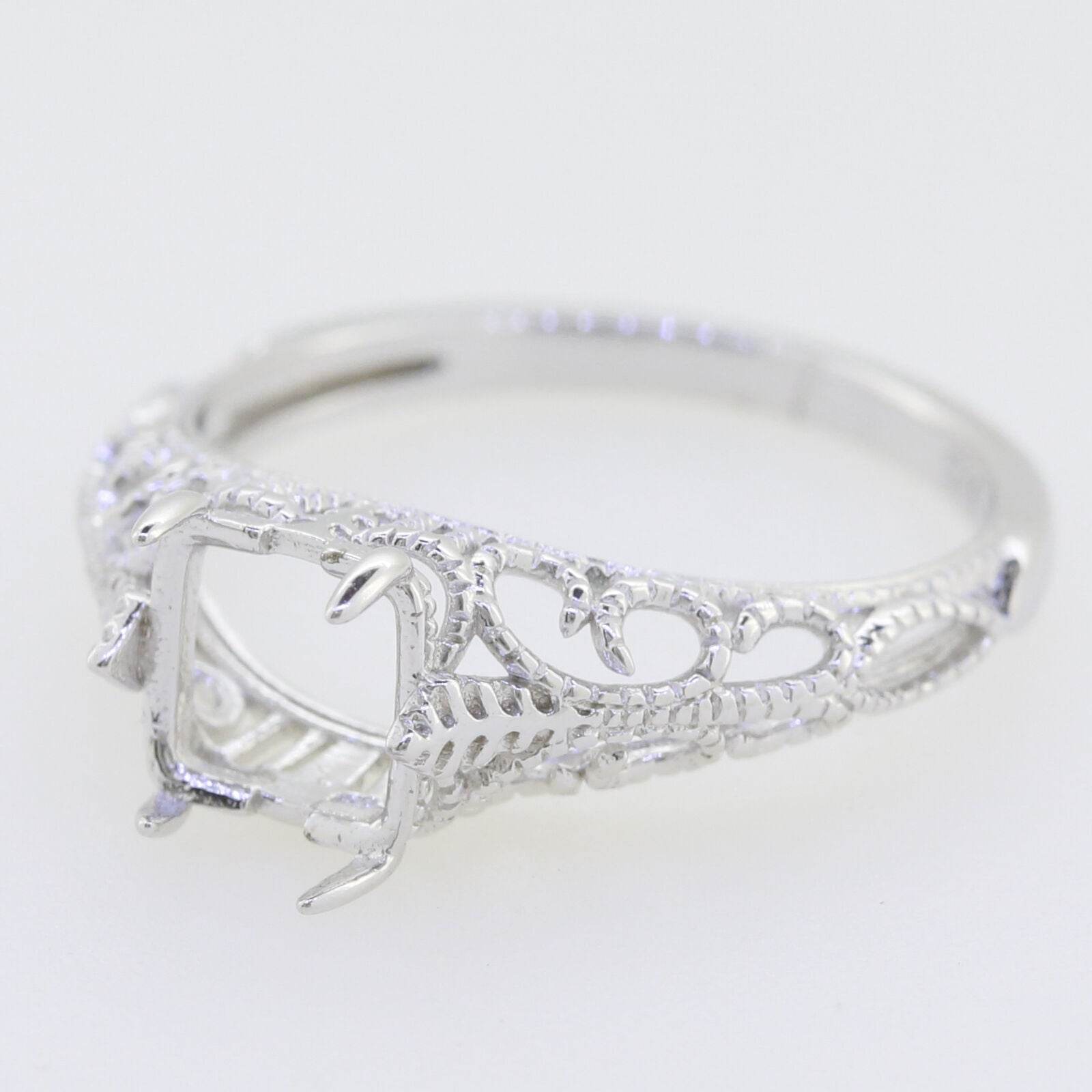 Filigree Sterling Silver Semi Mount Ring Setting Cushion CU 7x7mm Vintage - Syzjewelry