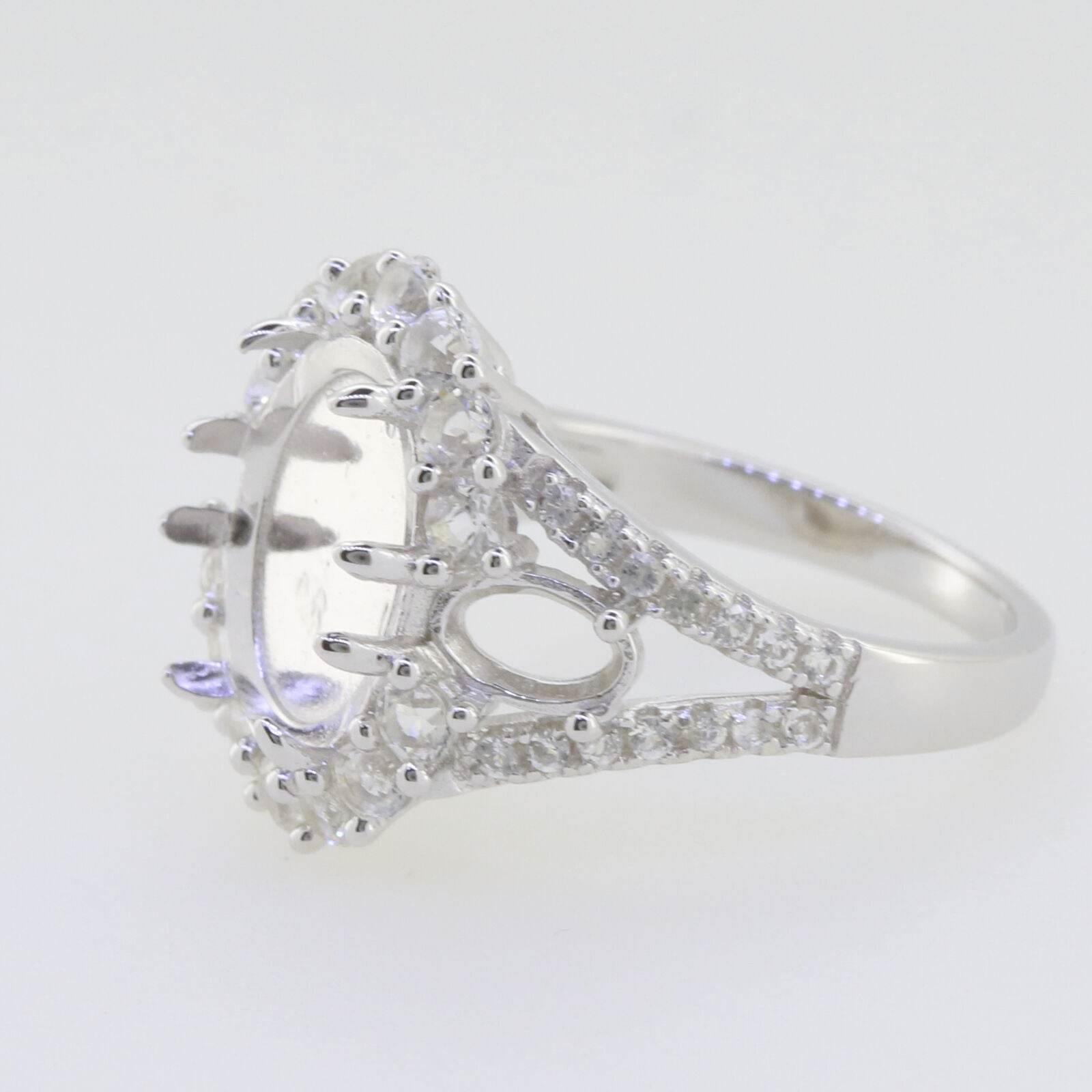 Sterling Silver Semi Mount Ring Setting Cab Oval OV 12x10mm OV 6x4 Halo 3 Stone - Syzjewelry