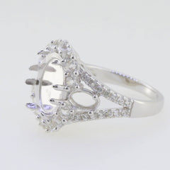 Sterling Silver Semi Mount Ring Setting Cab Oval OV 12x10mm OV 6x4 Halo 3 Stone - Syzjewelry