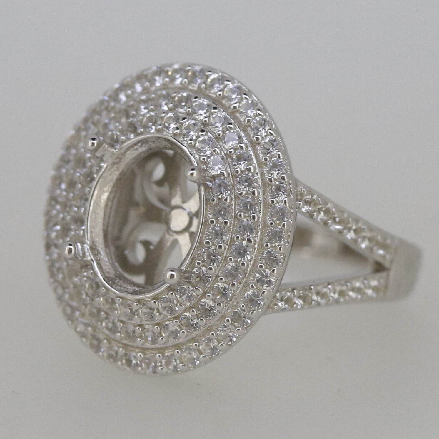 Sterling Silver Semi Mount Ring Setting Oval OV 10x8mm Black Spinel Triple Halo Split Shank - Syzjewelry