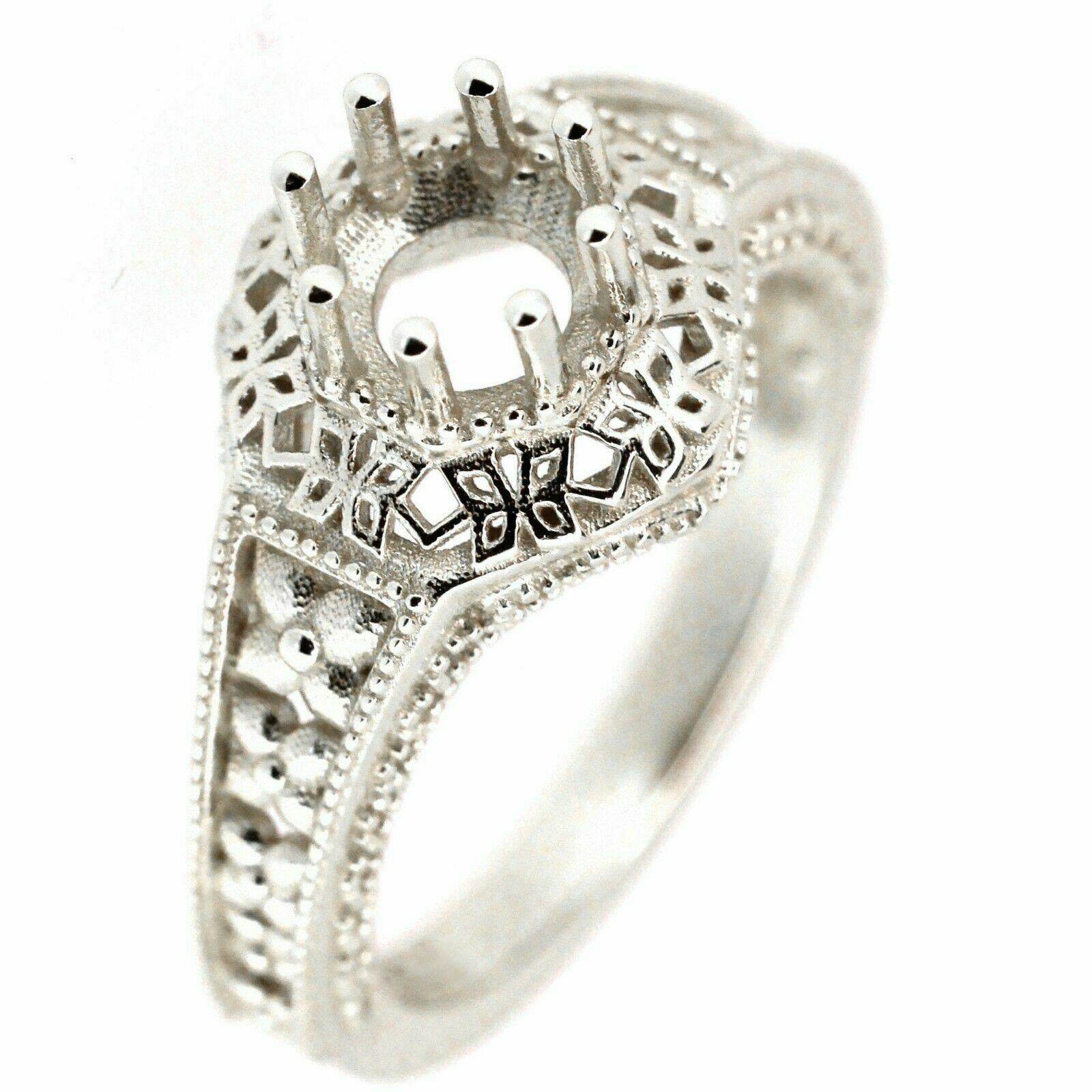Sterling Silver Semi Mount Ring Setting Round RD 6x6mm Art Deco Style - Syzjewelry