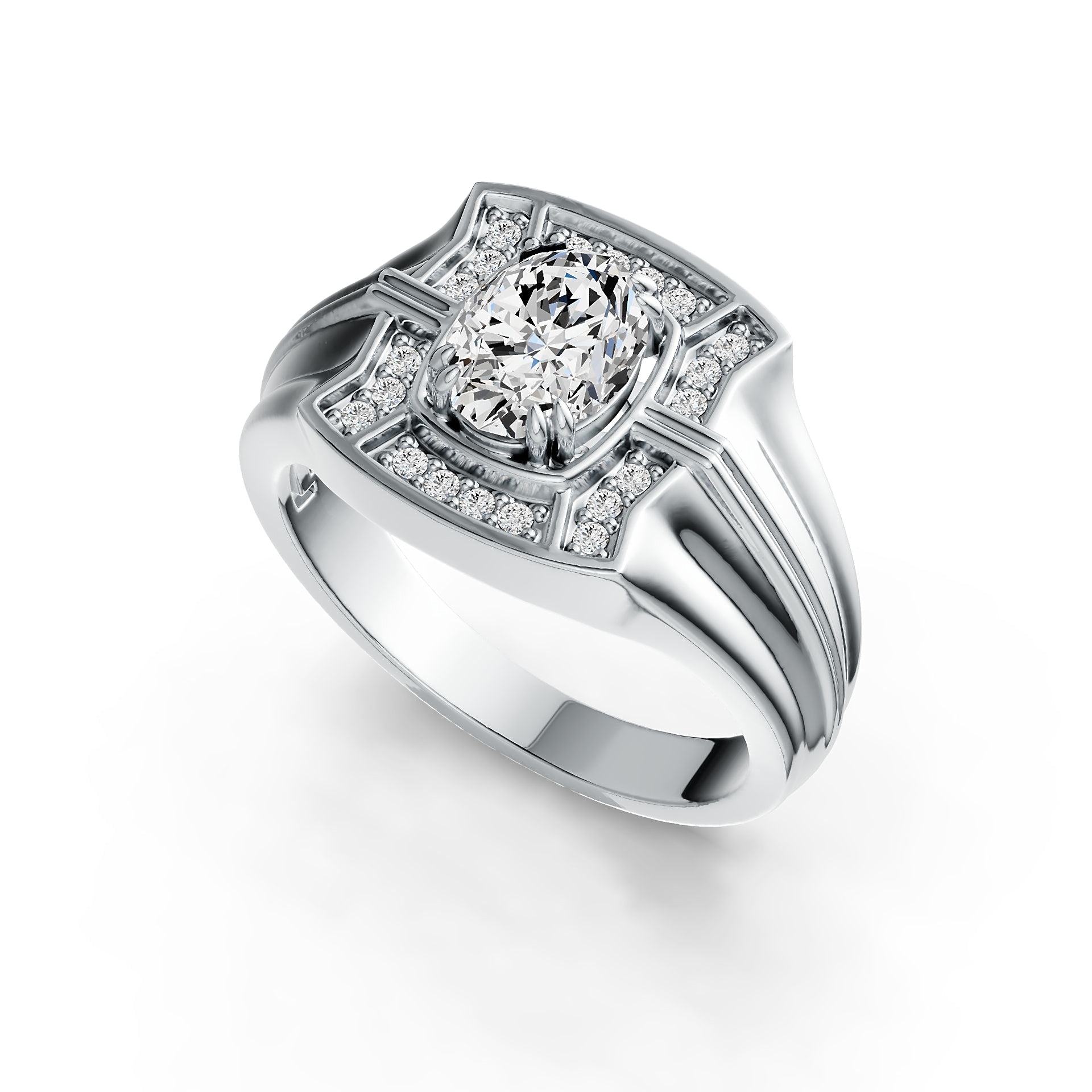 Men's 18K Gold Semi Mount Ring Setting Oval OV 8x6mm Double Prongs Halo Diamond Accent DHJ