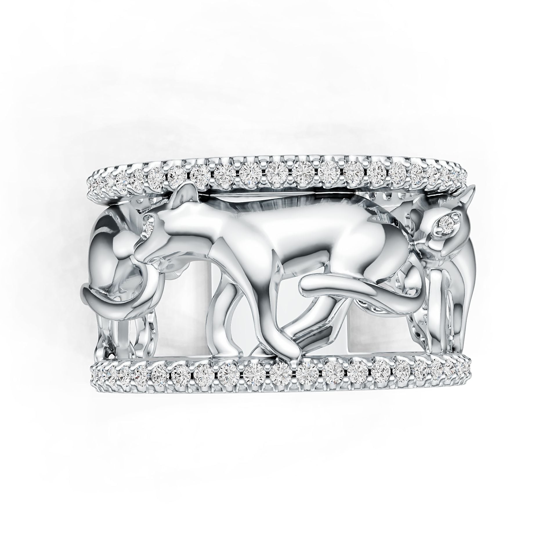 Sterling Silver Ring with White Topaz or Moissanite Walking Panther Theme DHJ