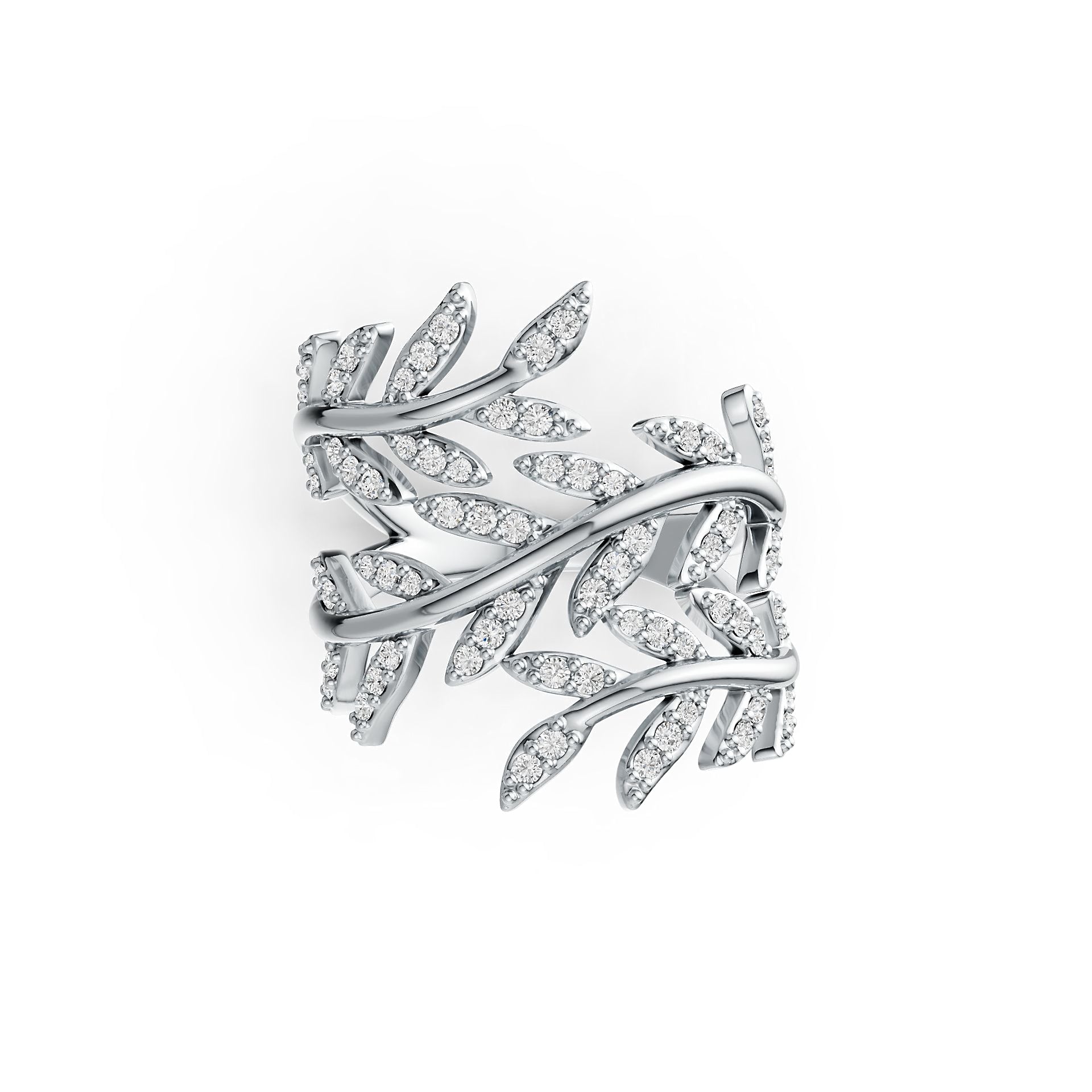 Sterling Silver Ring with White Topaz or Moissanite Leaf-and-Vine Theme Bypass DHJ