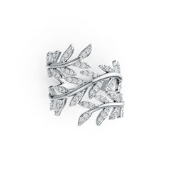 Sterling Silver Ring with White Topaz or Moissanite Leaf-and-Vine Theme Bypass DHJ
