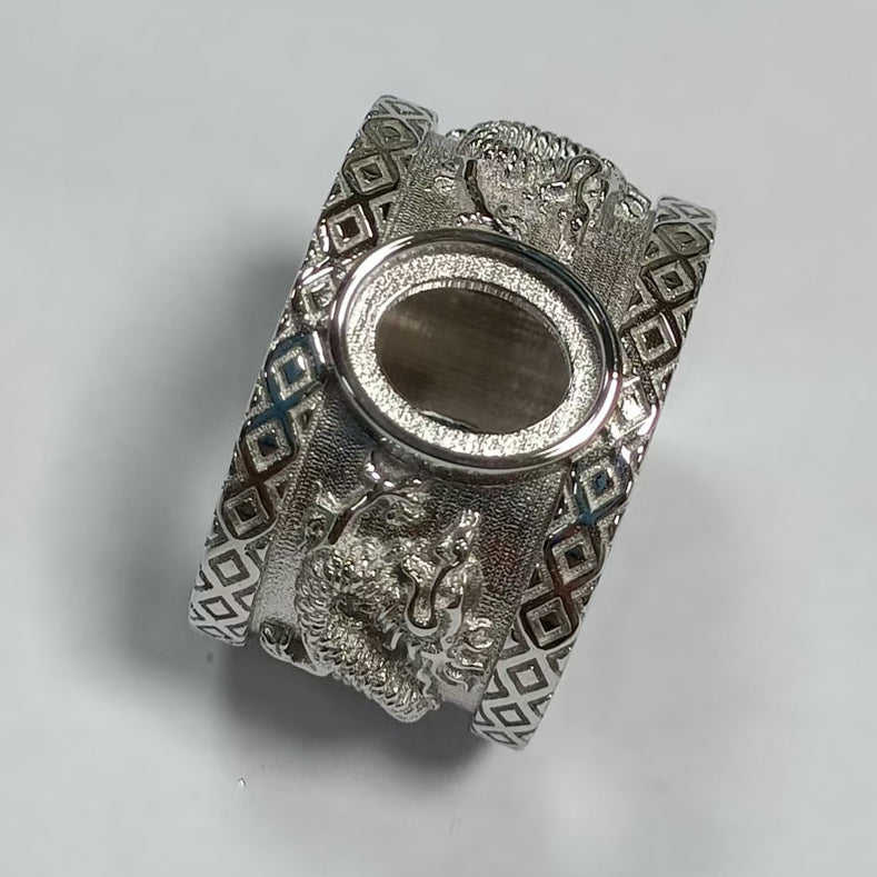 Platinum Semi Mount Ring Setting Oval OV 10x8mm Cabochon Chinese Dragon Theme DHJ
