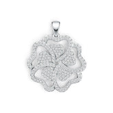 Silver floral pendant with clear stones on a white background