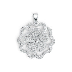 Silver floral pendant with clear stones on a white background