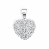Heart-shaped silver pendant with clear stones on a white background