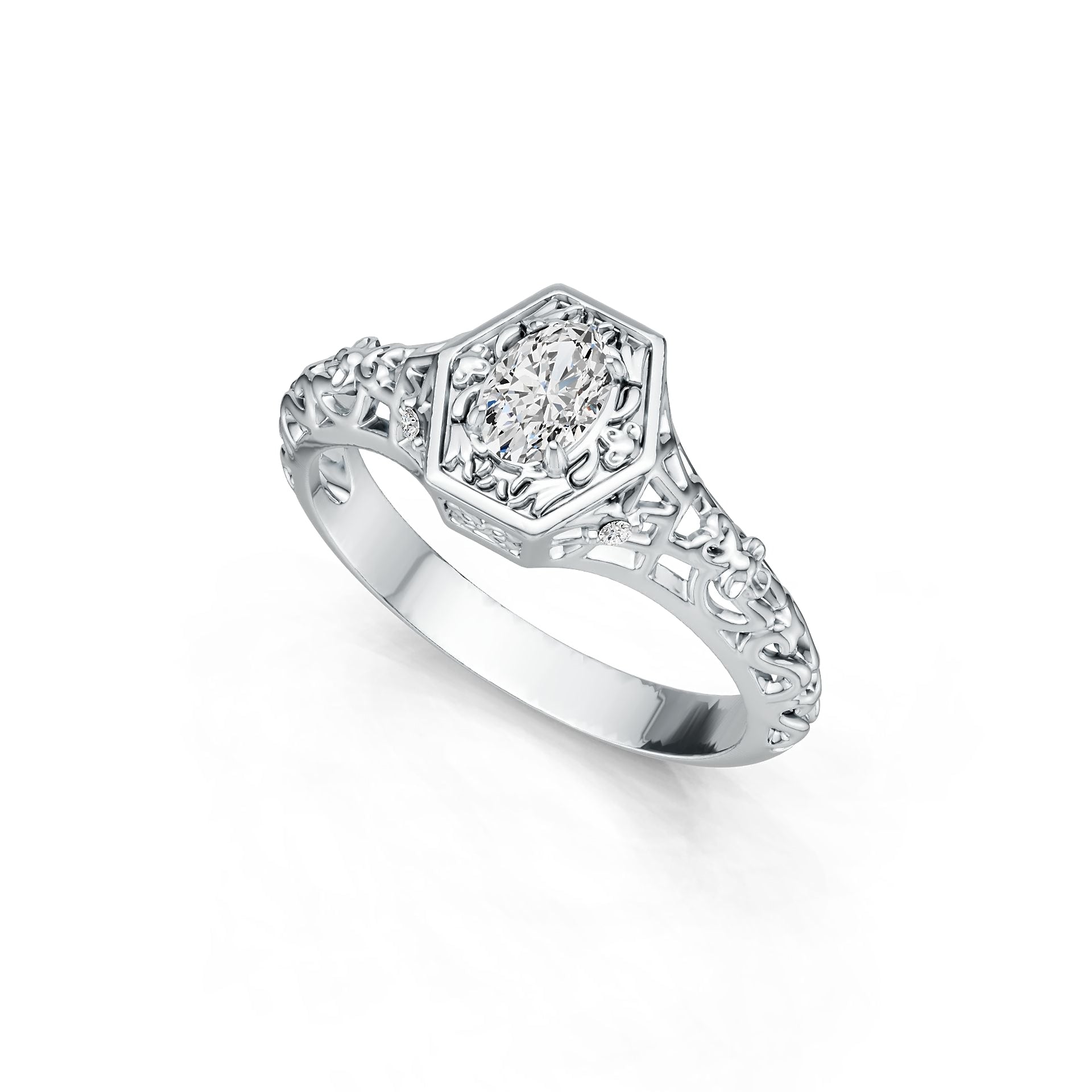 Platinum Semi Mount Ring Setting Oval OV 6X4mm Art Deco Style Diamond Accent DHJ