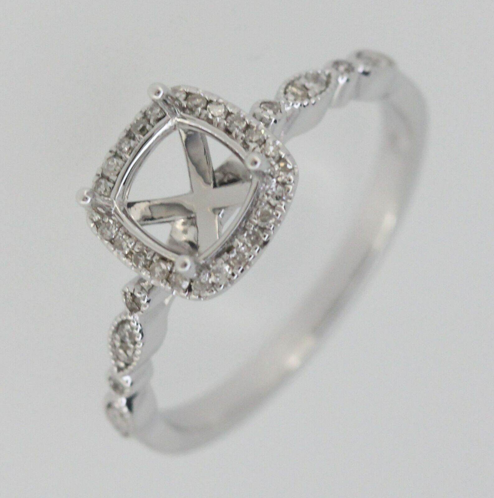 Art Deco Style 14K White Gold & Diamond Semi Mount Ring Setting Cu 6x6mm Syzjewelry