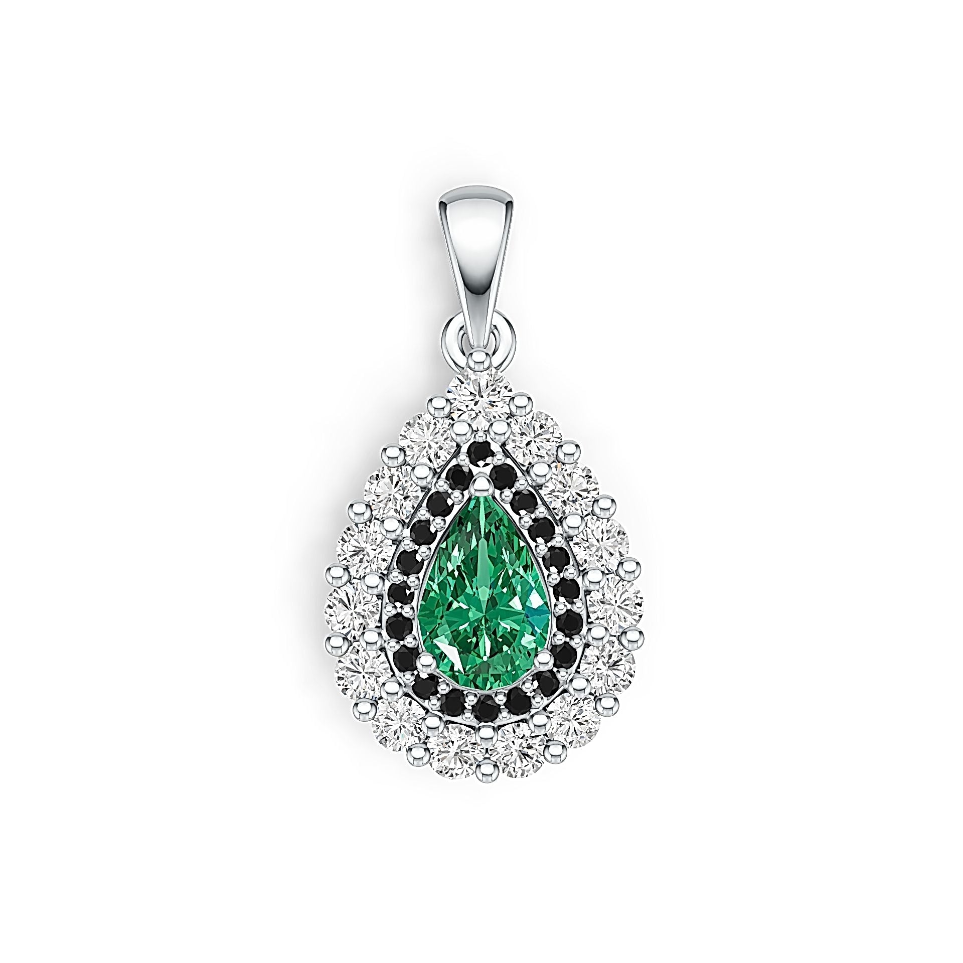 Silver pendant with a green gemstone on a white background