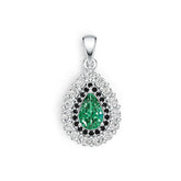 Silver pendant with a green gemstone on a white background