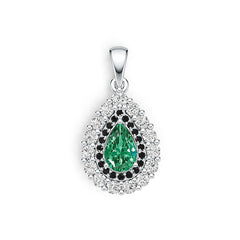 Silver pendant with a green gemstone on a white background