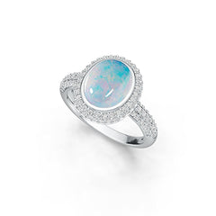 18K Gold Semi Mount Ring Setting Oval OV 10X8mm Cabochon Halo Diamond Accent DHJ