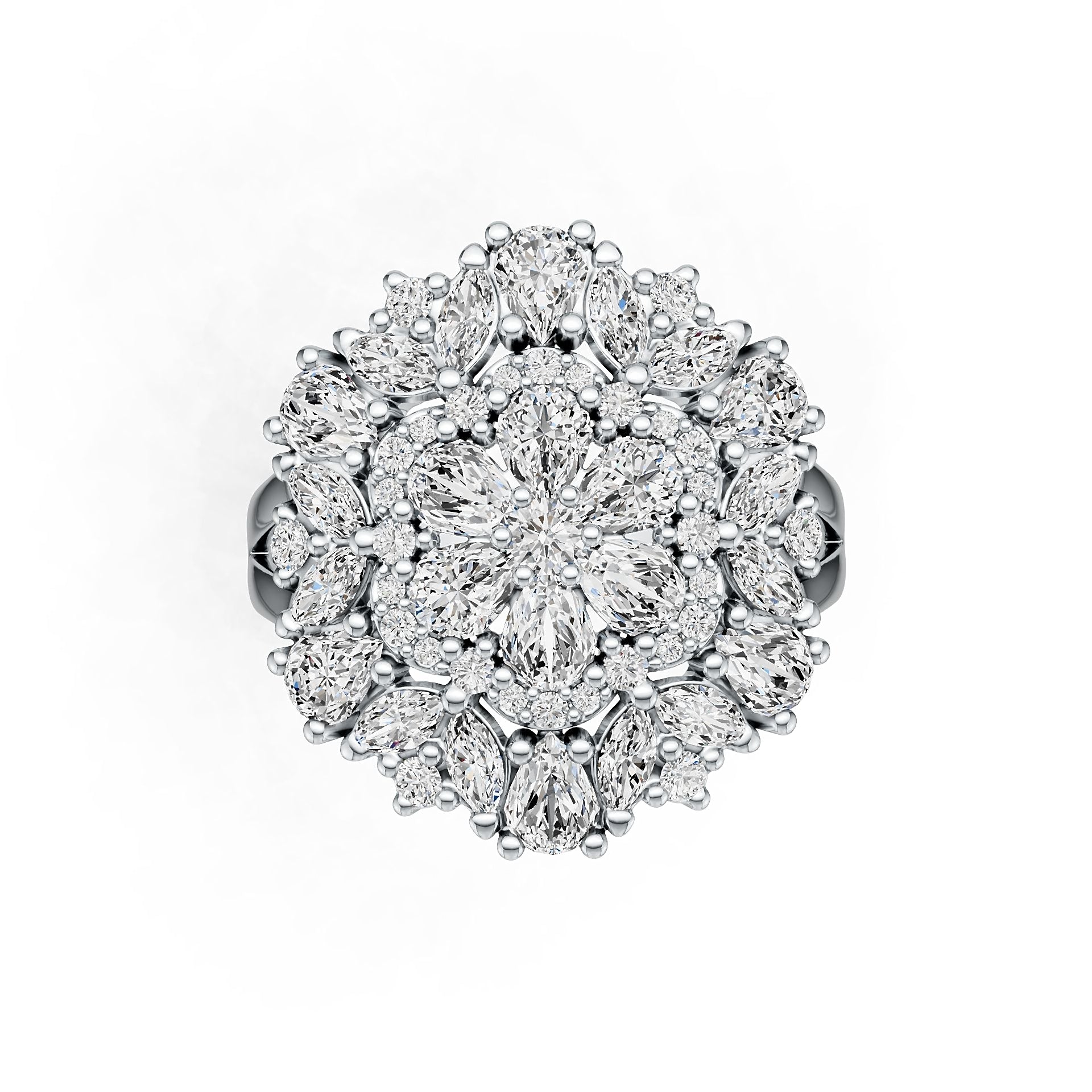 Sterling Silver Ring with White Topaz or Moissanite Cluster Cocktail Flower Theme DHJ