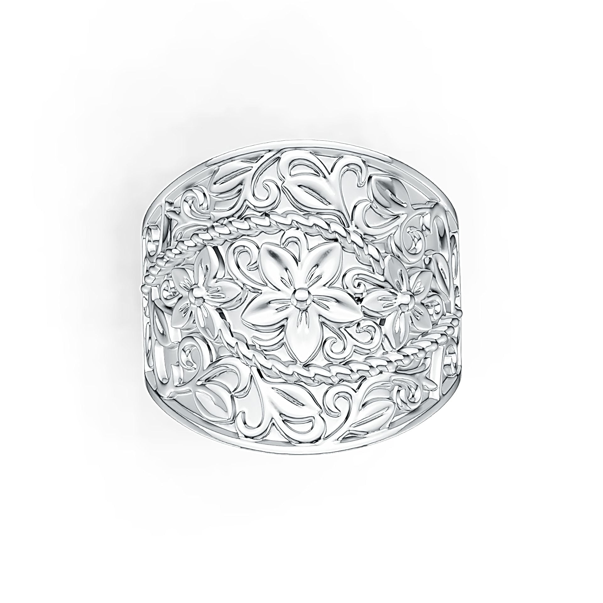 Sterling Silver Ring Wide Floral Filigree Theme DHJ