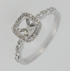 Art Deco Style 14K White Gold & Diamond Semi Mount Ring Setting Cu 6x6mm Syzjewelry