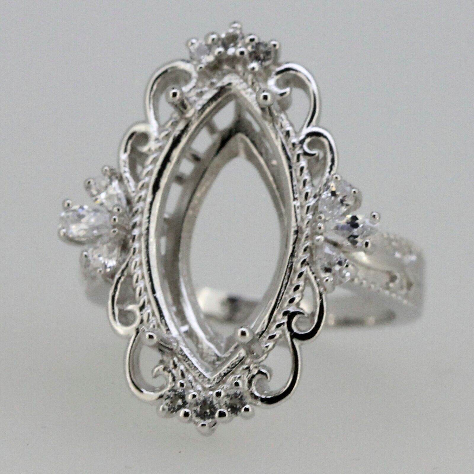 18K Gold Semi Mount Ring Setting Marquise MQ 20x10mm Fleur Di Diamond Accent Syzjewelry