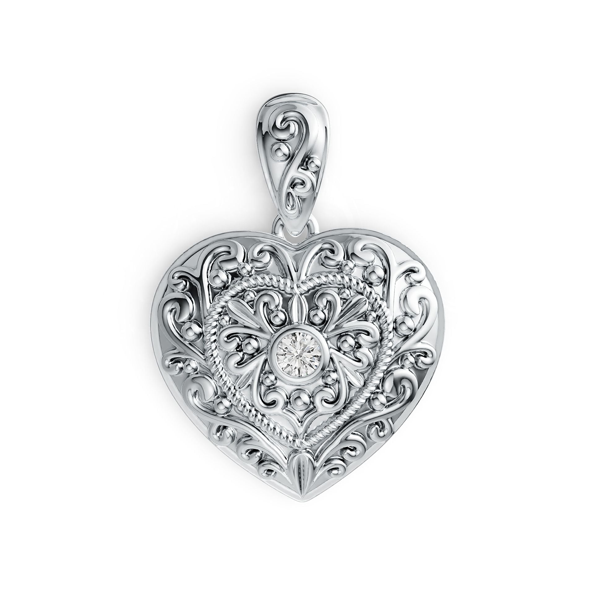 Sterling Silver Semi Mount Pendant Setting Round RD 3.5mm Filigree Heart Theme - Syzjewelry