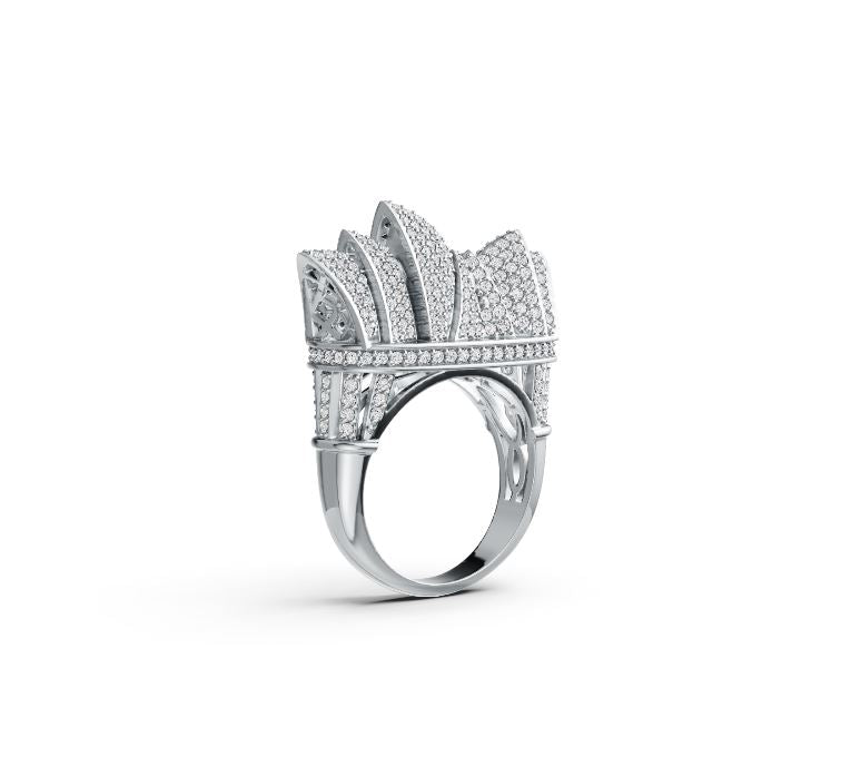 14K Gold Ring Sydney Opera House Theme with White Topaz or Moissanite Diamond Accent DHJ