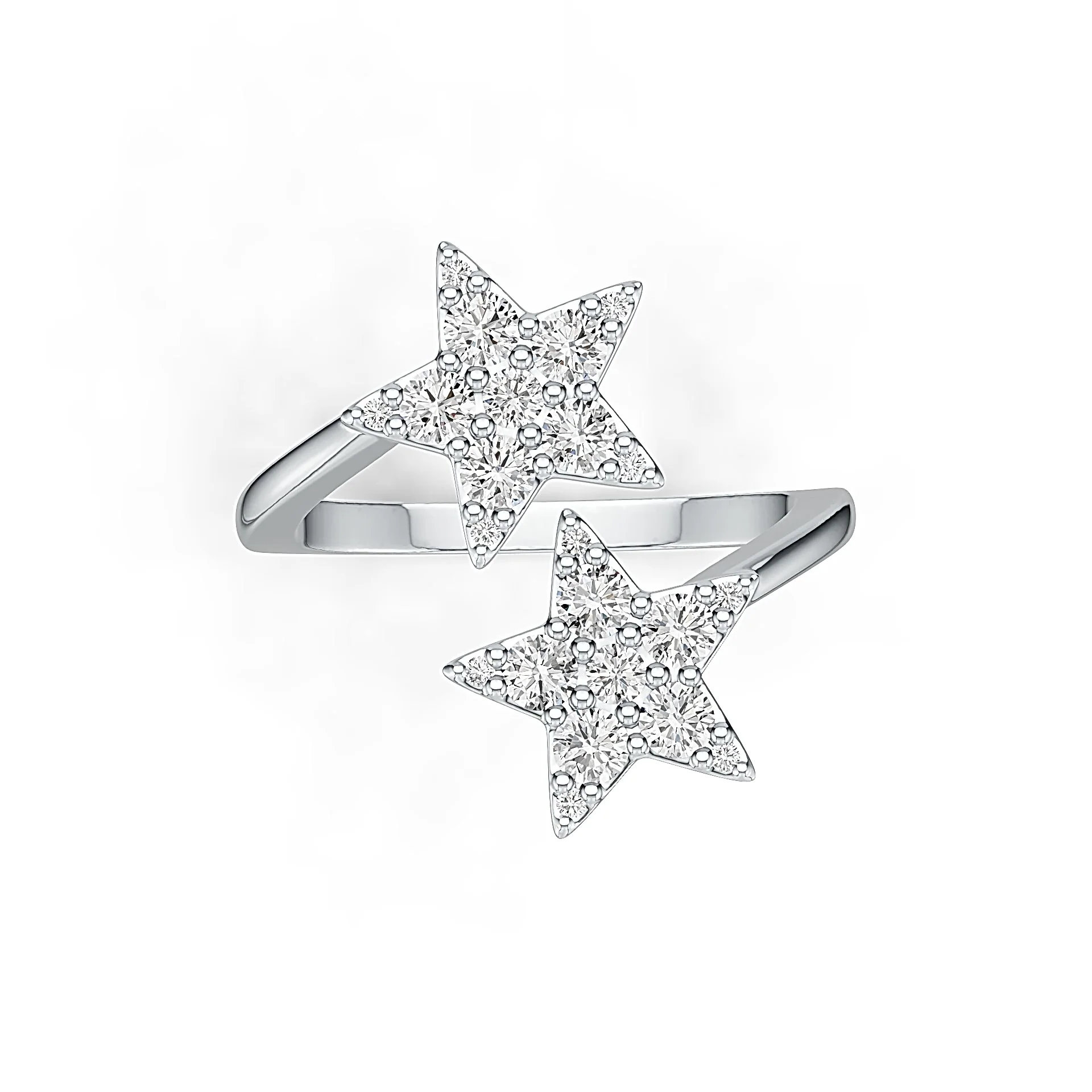 Sterling Silver Ring Double Star Theme Open with White Topaz or Moissanite Syzjewelry