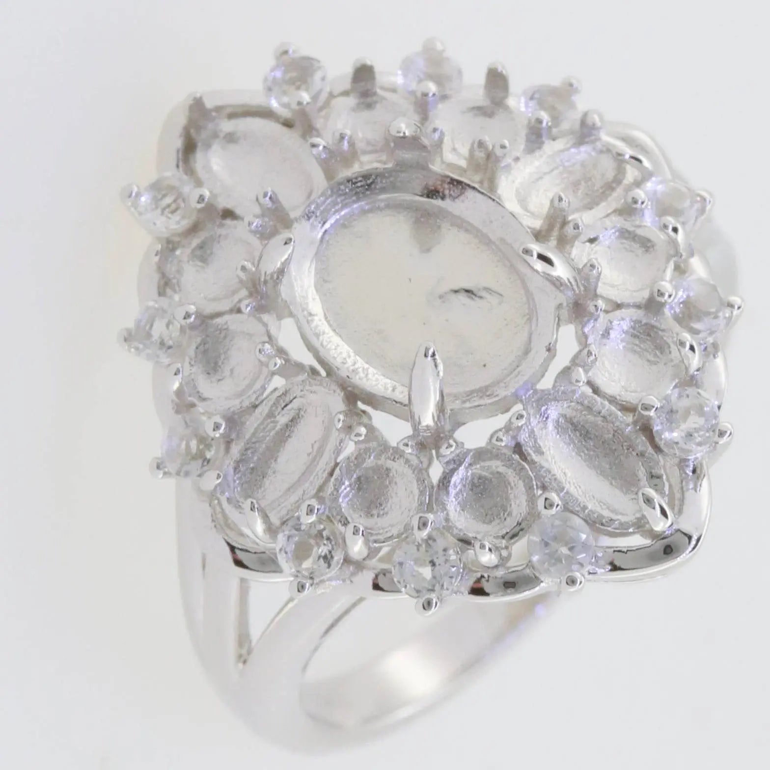 10K Gold Semi Mount Ring Setting Cab Oval OV 9X7mm OV 5x3mm RD3x3 Floral Cluster Statement Ring DHJ