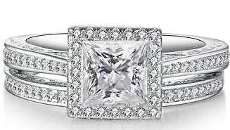 2 Piece set 14K Gold Semi Mount Ring Setting Princess SQ 6X6mm Halo Engagement Bridal Set Diamond Accent DHJ