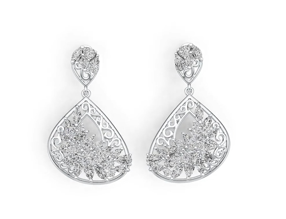 Sterling Silver Cluster Dangling Earrings with White Topaz or Moissanite DHJ