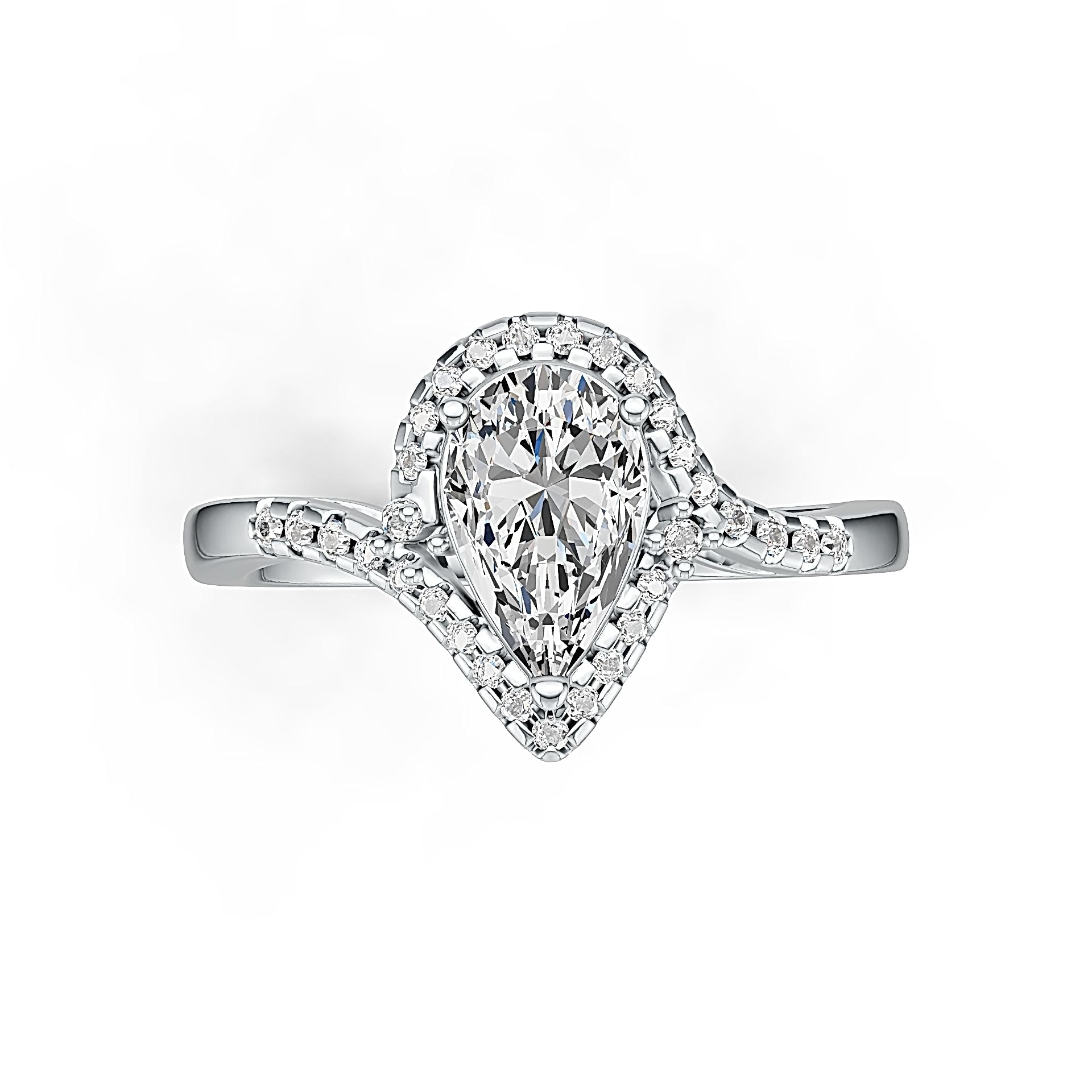 Sterling silver pear 9.5x6mm semi mount ring setting viewed at angle, ready for gemstone mounting