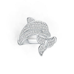 Sterling Silver Ring Fish Dolphin Theme with White Topaz or Moissanite DHJ