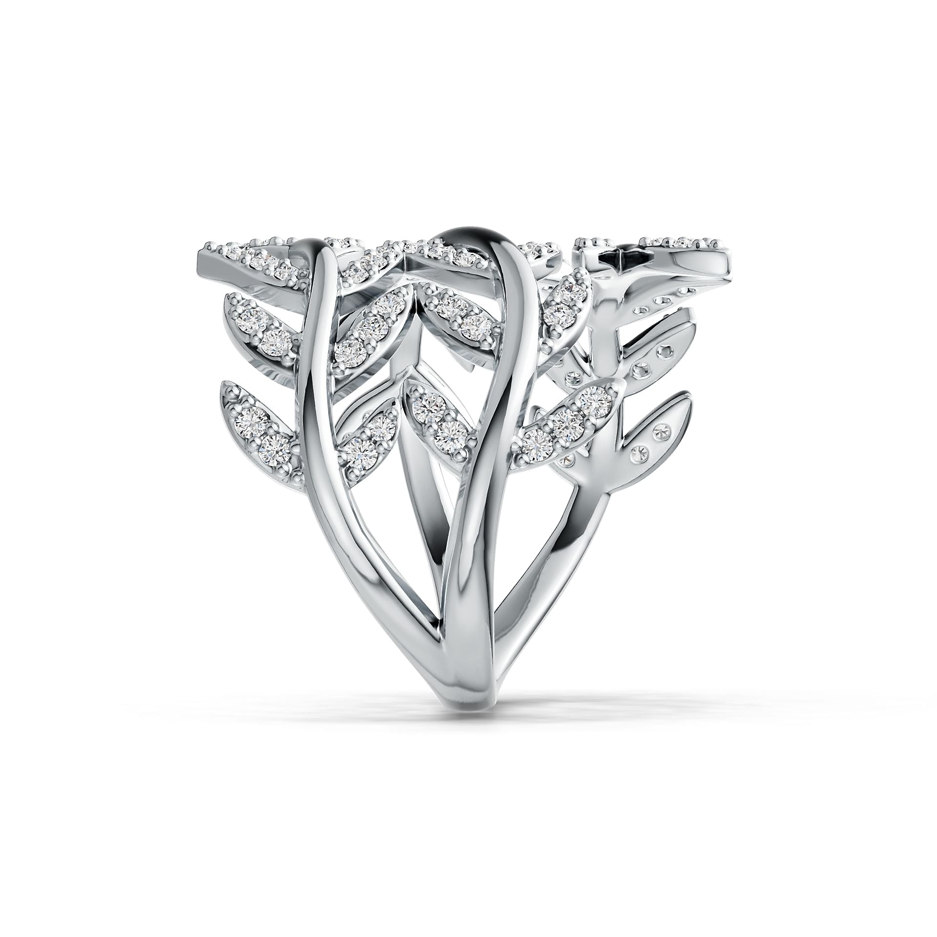 Sterling Silver Ring with White Topaz or Moissanite Leaf-and-Vine Theme Bypass DHJ