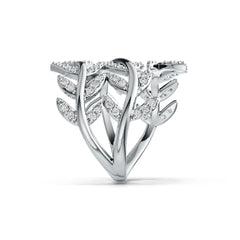 Sterling Silver Ring with White Topaz or Moissanite Leaf-and-Vine Theme Bypass DHJ