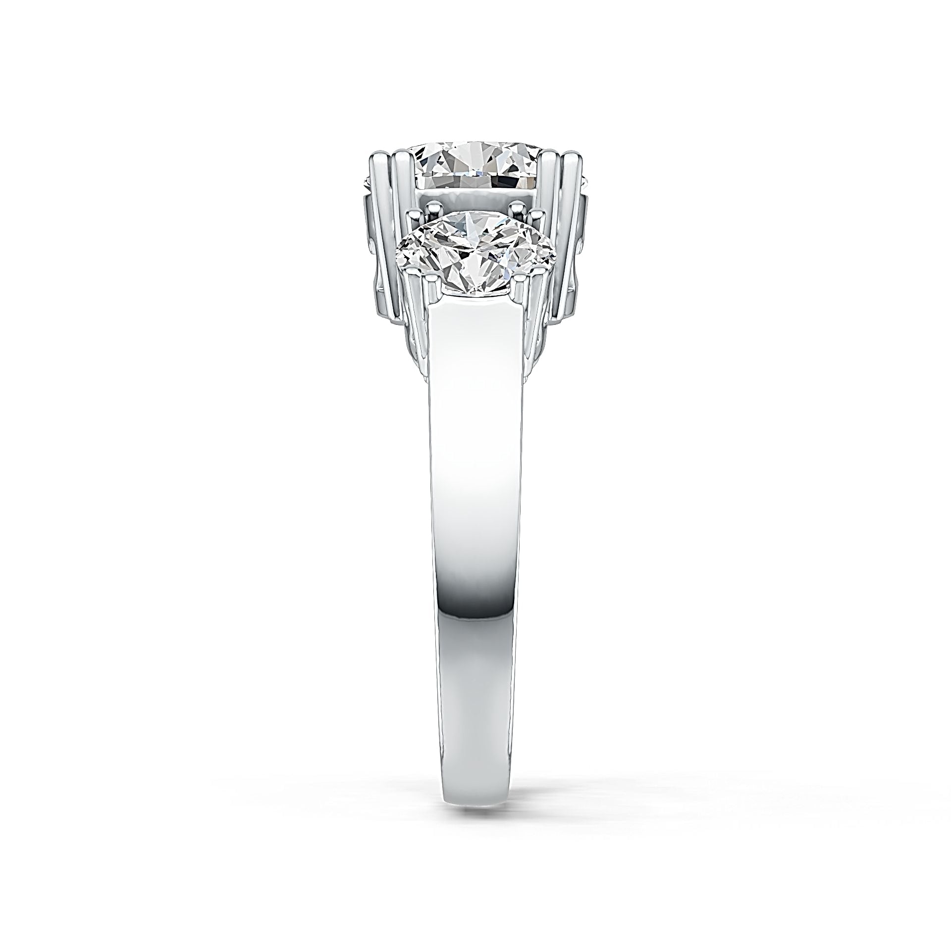 Side view of sterling silver 3 stone ring mount, detailed prong design for round 9mm and 6.2mm gemstones