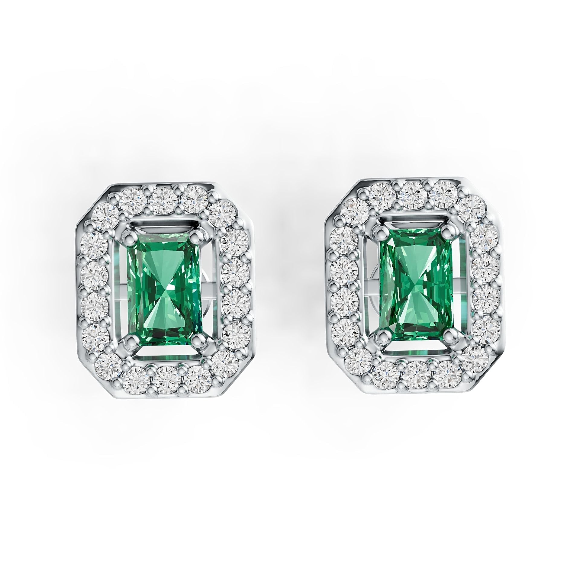 18K Gold Semi Mount Earrings Setting Emerald OCT 6X4mm Halo Diamond Accent DHJ
