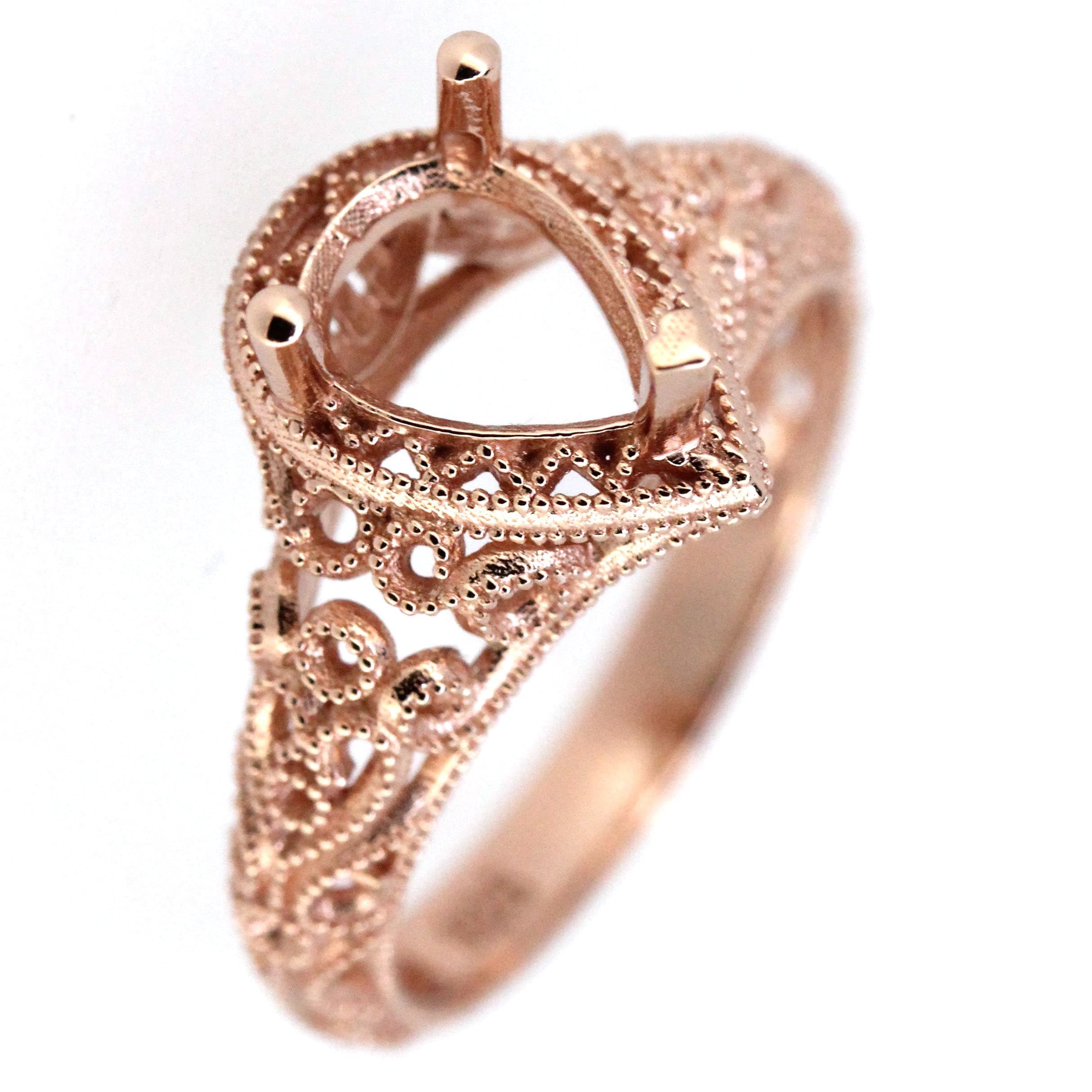 18K Gold Semi Mount Ring Setting Pear PE 8x6mm Art Deco Style Syzjewelry
