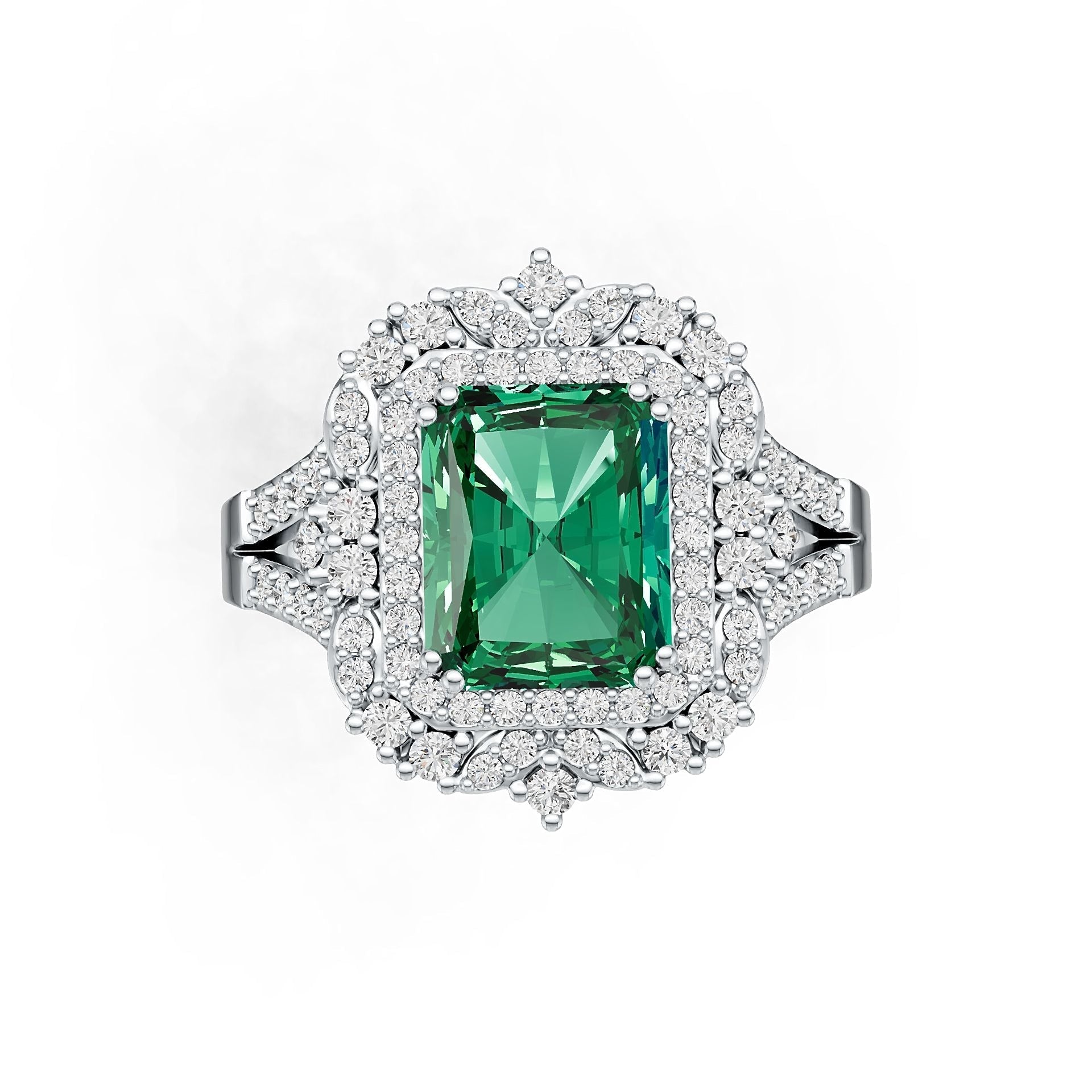 10K Gold Semi Mount Ring Setting Emerald OCT 10X8mm Double Halo Moissanite Accent DHJ