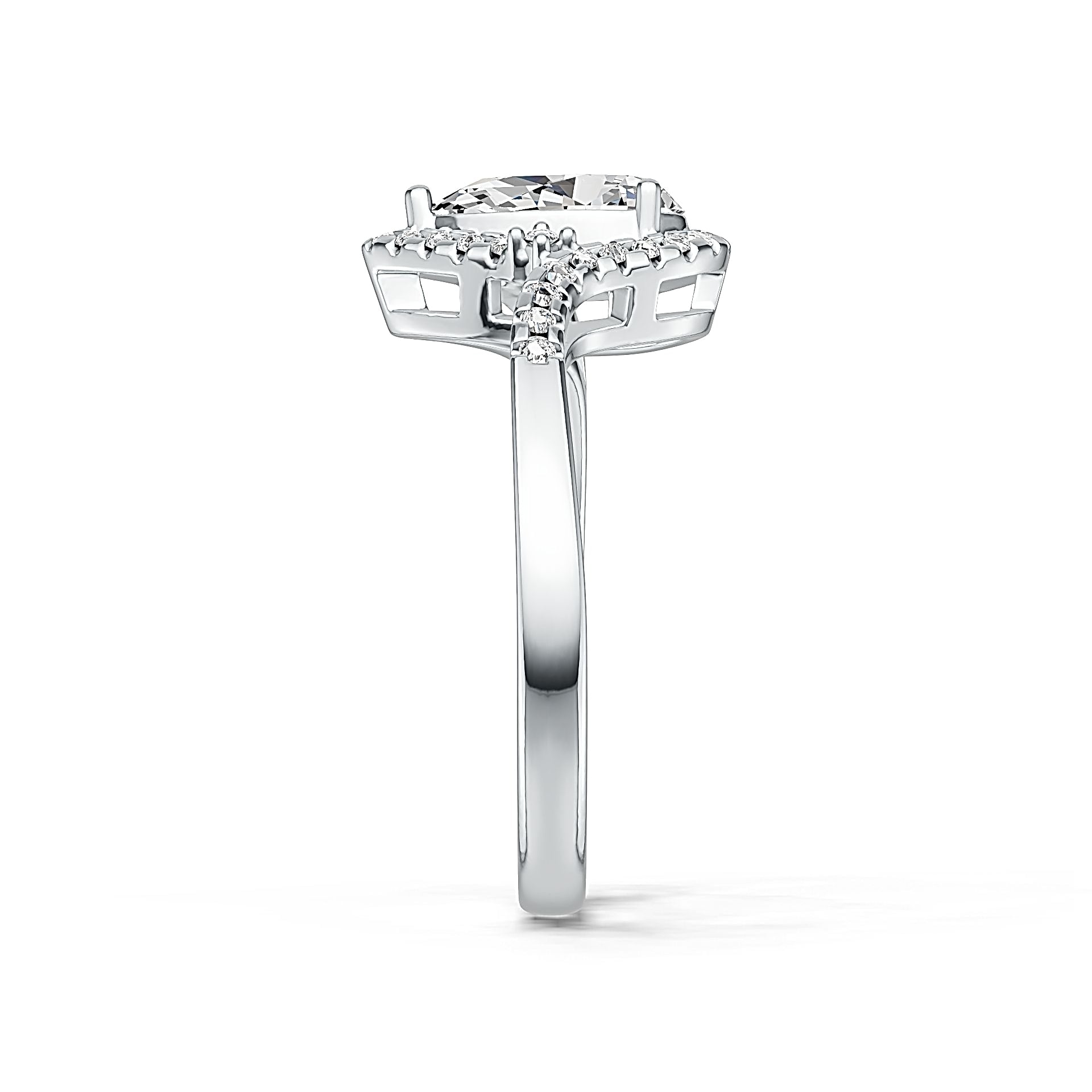 Side view of sterling silver pear 9.5x6mm semi mount ring showing raised prongs and smooth shank