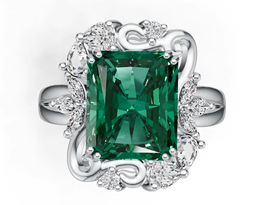 14K Gold Semi Mount Ring Setting Emerald OCT 12x10mm Art Deco Diamond Accent DHJ