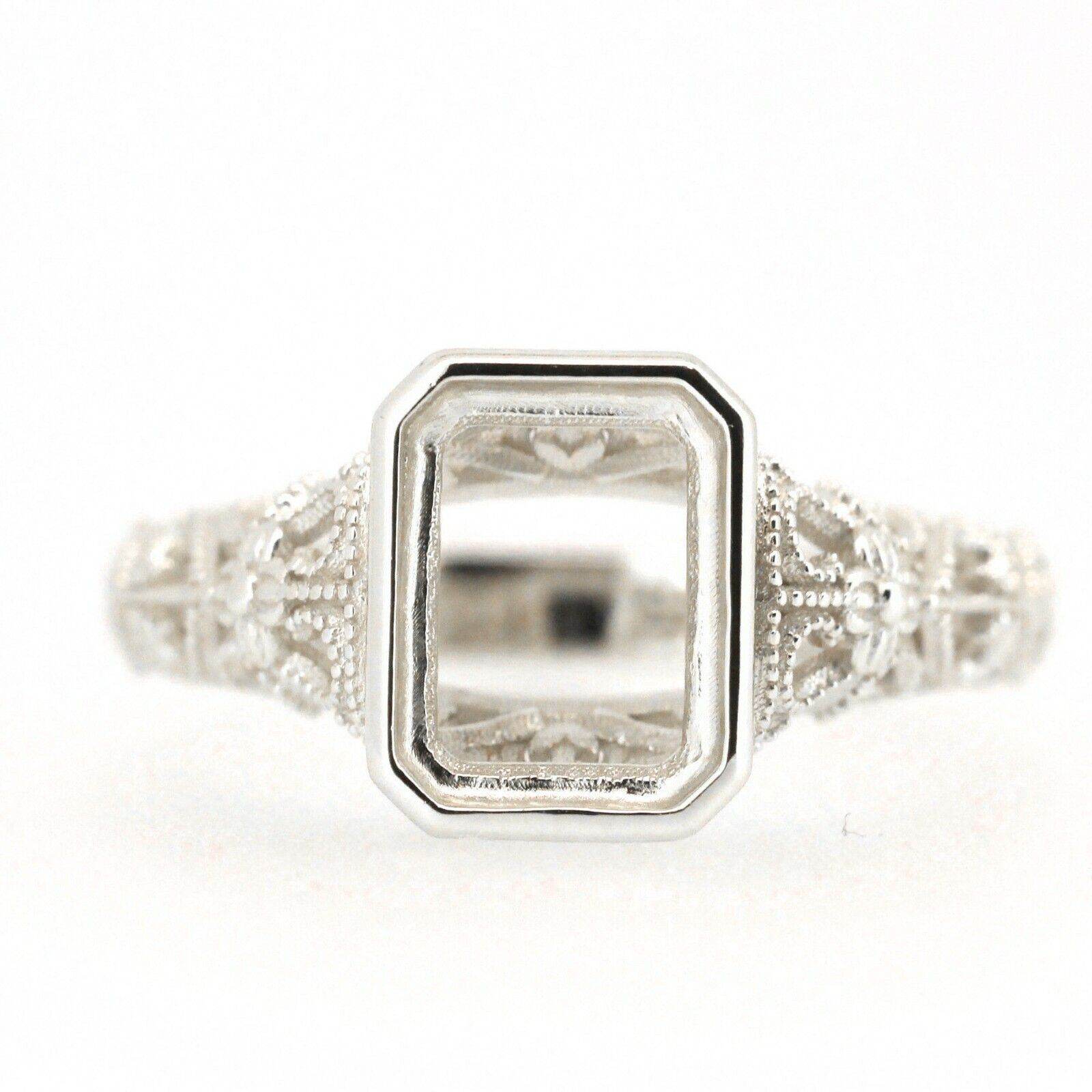 Art Deco Style Platinum Semi Mount Ring Setting Cushion OCT 9x7mm Full Bezel Syzjewelry