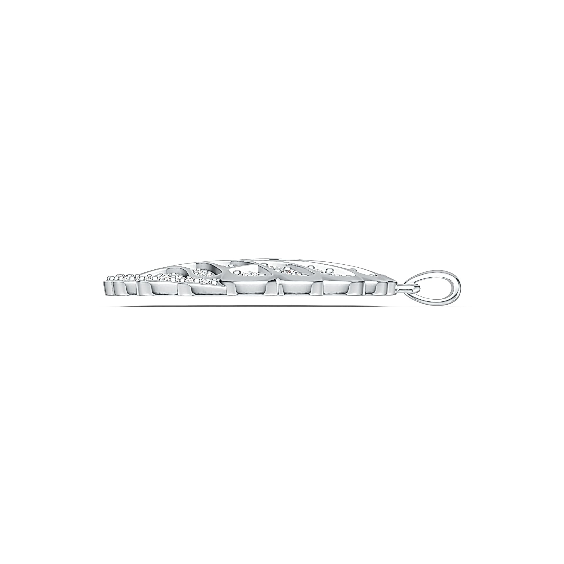 Silver pendant with a decorative clasp on a white background