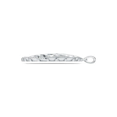 Silver pendant with a decorative clasp on a white background