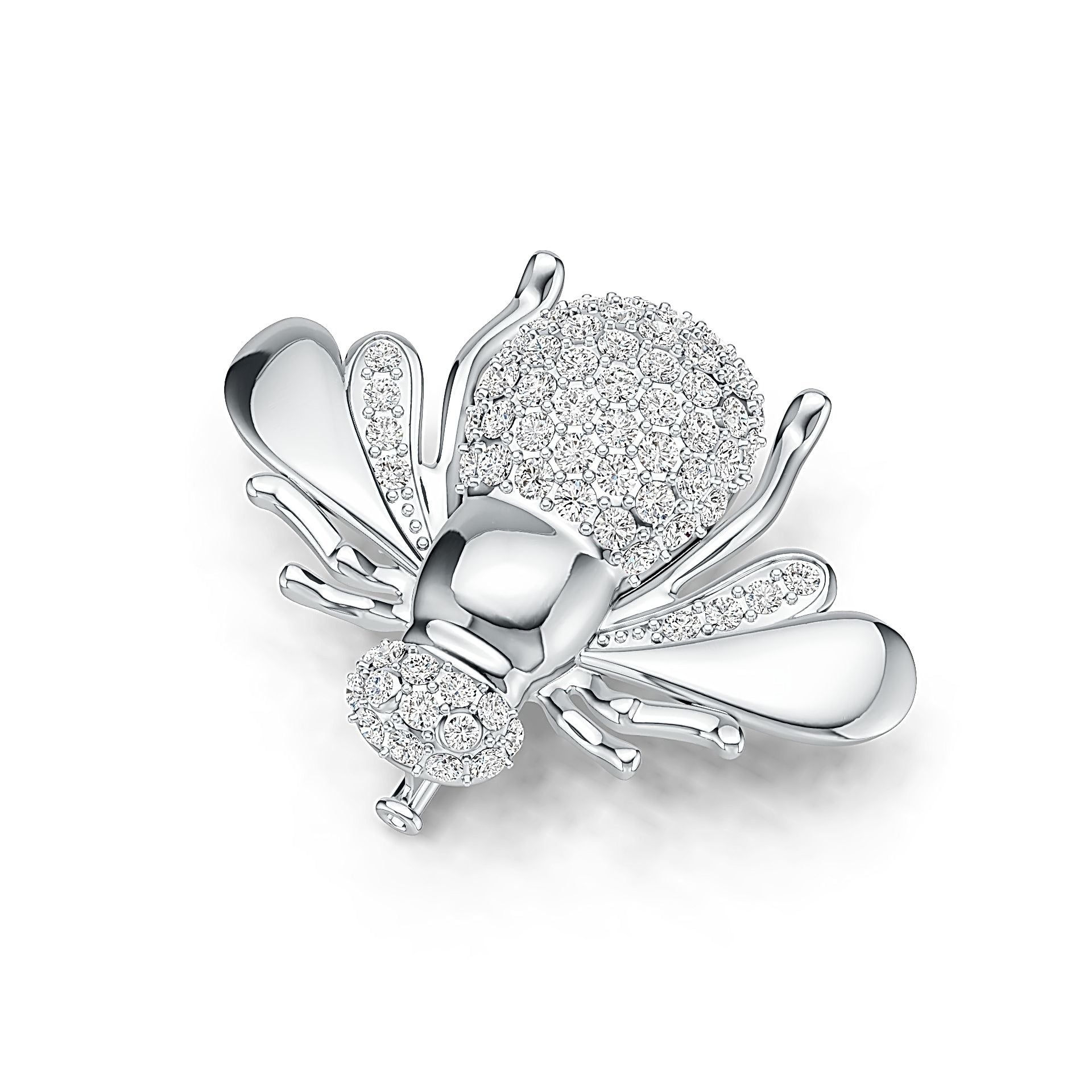 Silver bee-shaped jewelry piece with clear gemstones on a white background