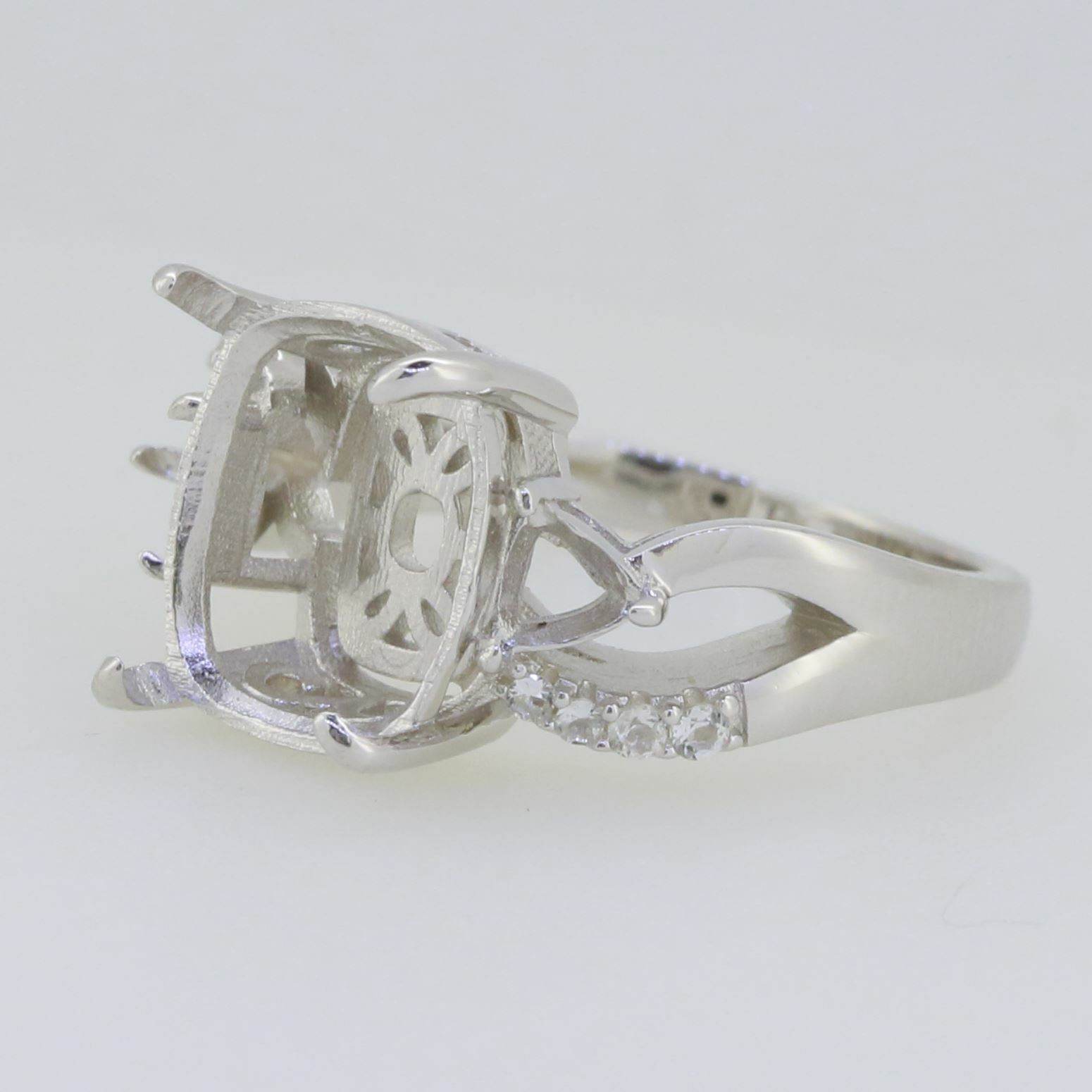 18K Gold Semi Mount Ring Setting Cushion CU 12X10mm Tri 4x4mm White Diamond Accent Syzjewelry