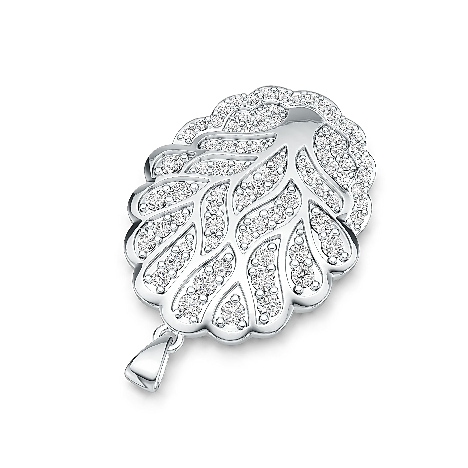 Silver leaf-shaped pendant with clear stones on a white background